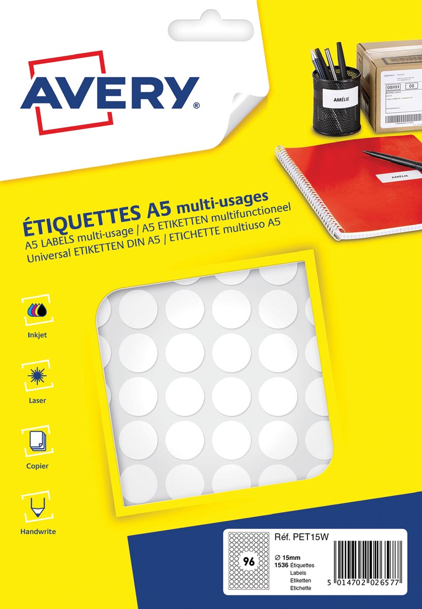 Avery PET15W ronde markeringsetiketten, diameter 15 mm, blister van 1536 stuks, wit afbeelding