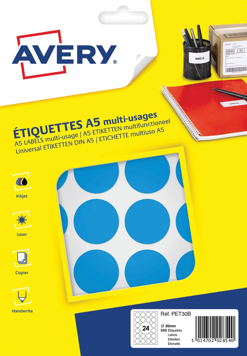 Avery PET30B ronde markeringsetiketten, diameter 30 mm, blister van 240 stuks, lichtblauw afbeelding
