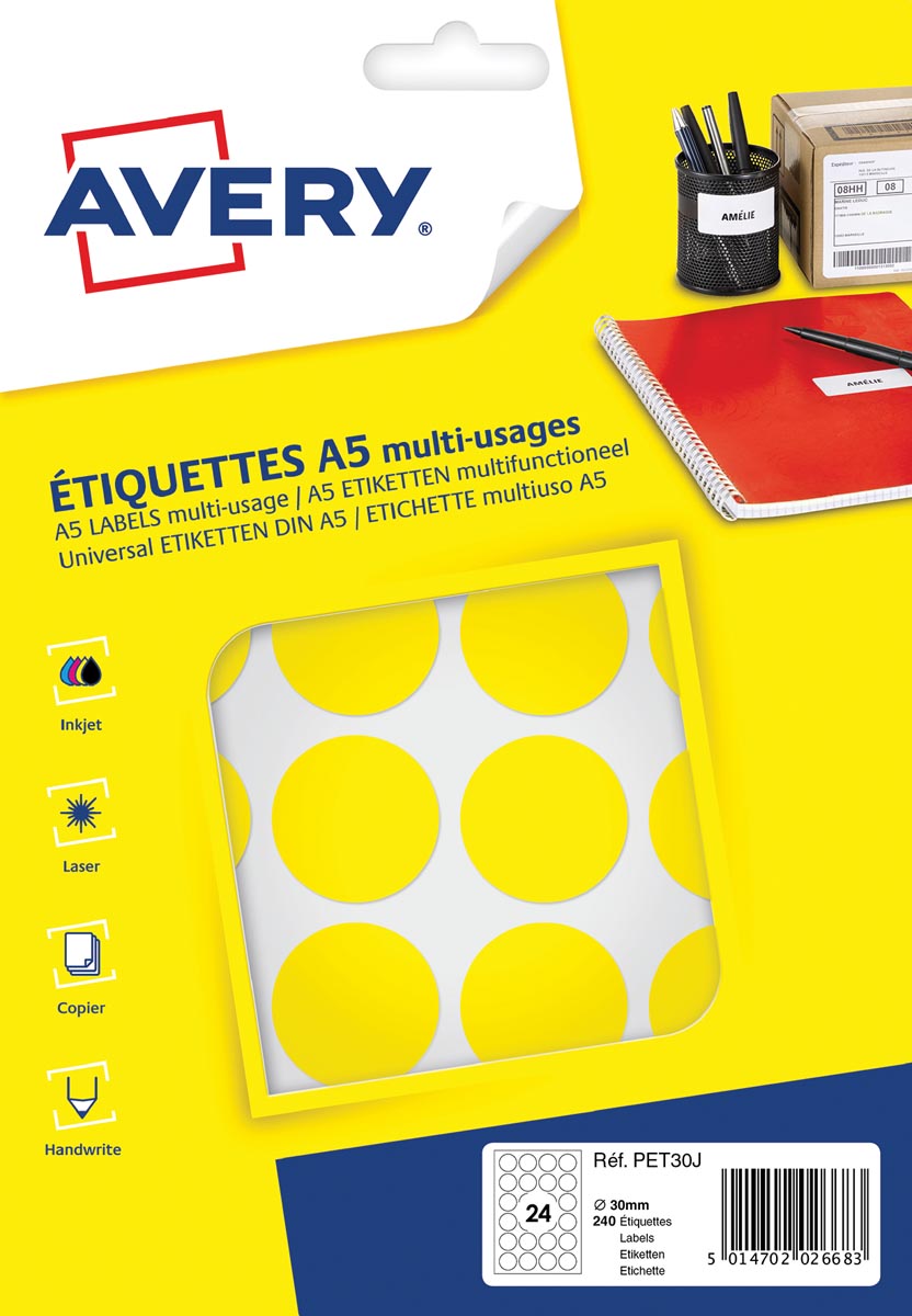 Avery PET30J ronde markeringsetiketten, diameter 30 mm, blister van 240 stuks, geel afbeelding