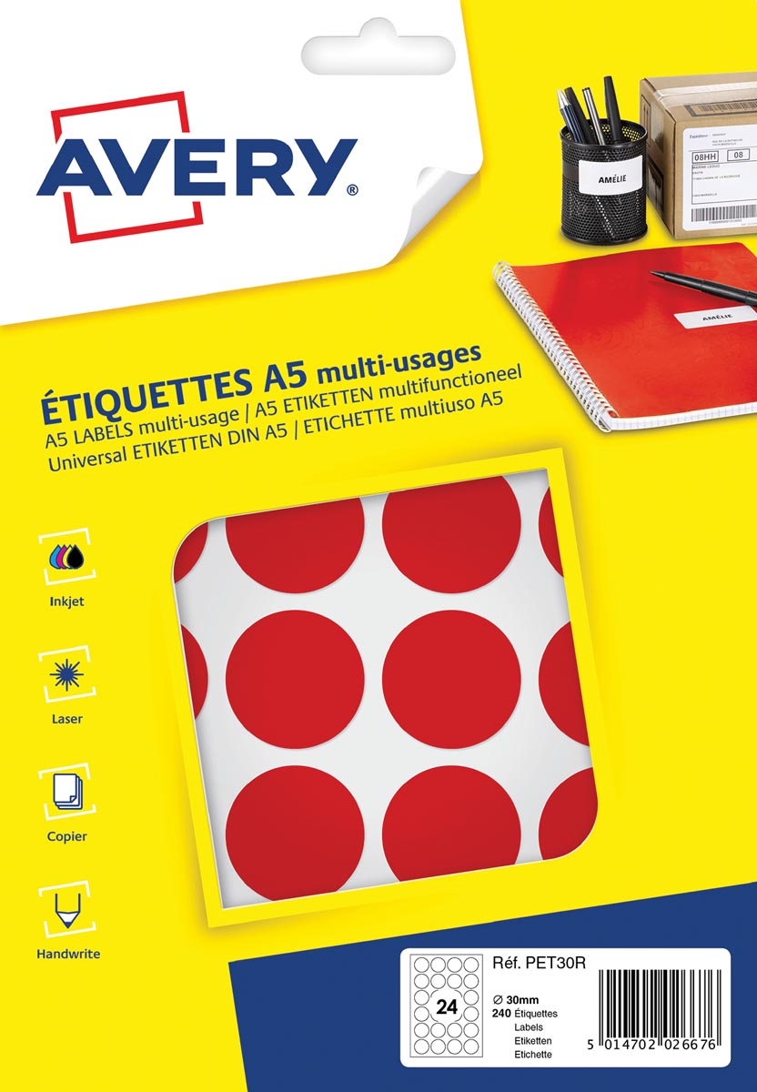 Avery PET30R ronde markeringsetiketten, diameter 30 mm, blister van 240 stuks, rood afbeelding