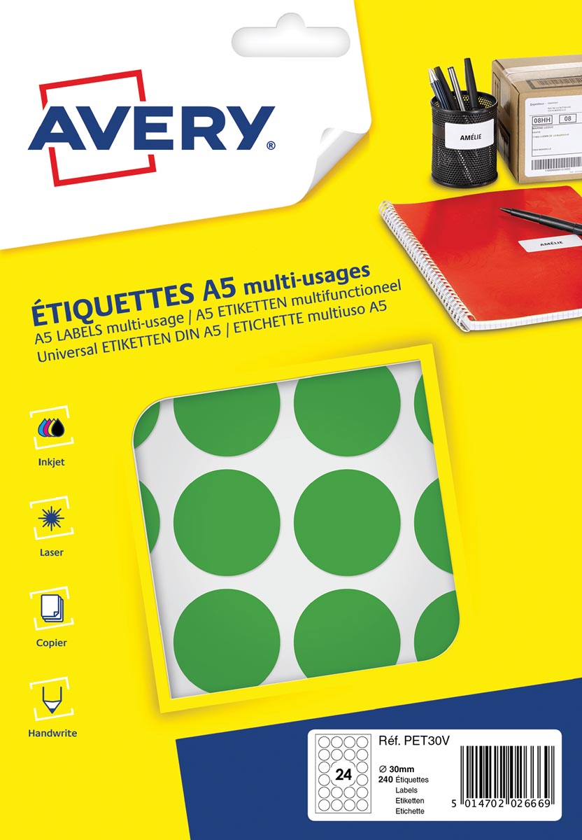 Avery PET30V ronde markeringsetiketten, diameter 30 mm, blister van 240 stuks, groen afbeelding