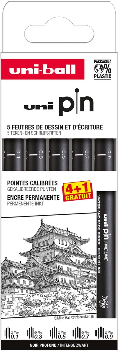 Uni-ball Uni Pin fineliner, gekalibreerde punten, zwart, 0,1-0,3-0,5-0,7-0,9 mm, blister van 4 + 1 gratis