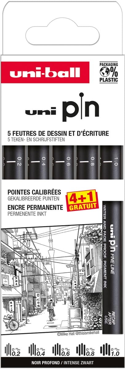 Uni-ball Uni Pin fineliner, gekalibreerde punten, zwart, 0,2-0,4-0,6-0,8-1,0 mm, blister van 4 + 1 gratis
