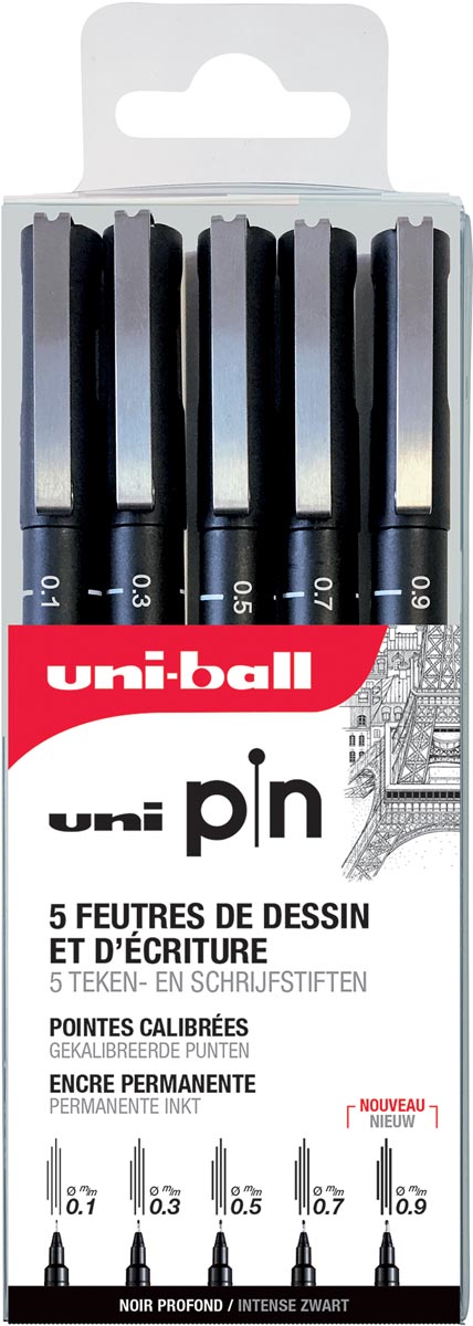 Uni Pin fineliner zwart, etui met 5 stuks in geassorteerde punten (assortiment 1) Uni Pin fineliner zwart, etui met 5 stuks in geassorteerde punten (assortiment 1)