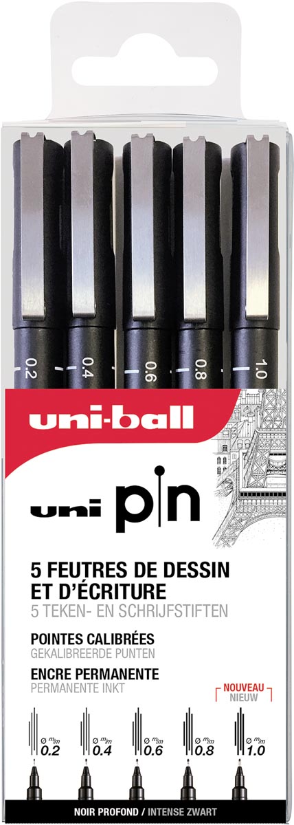 Uni Pin fineliner zwart, etui met 5 stuks in geassorteerde punten (assortiment 2)