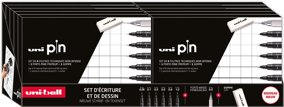Uni Pin fineliner, display van 10 dozen van 6 stuks + vulpotlood en gum Uni Pin fineliner, display van 10 dozen van 6 stuks + vulpotlood en gum