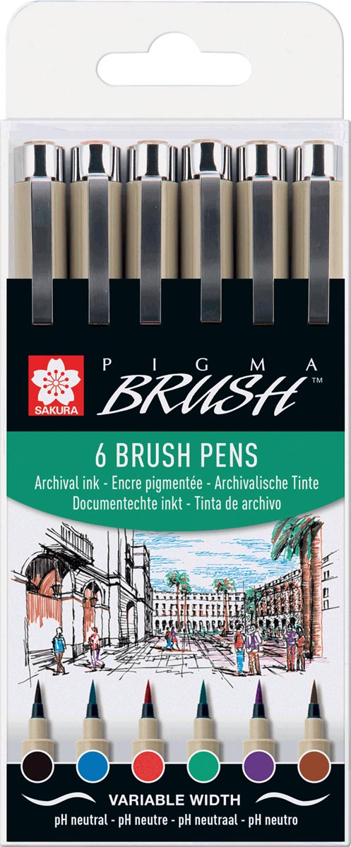Sakura brushpen Pigma Brush, etui van 6 stuks, in geassorteerde kleuren