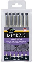 Sakura feutre fin Pigma Micron, noir, 6 pièces