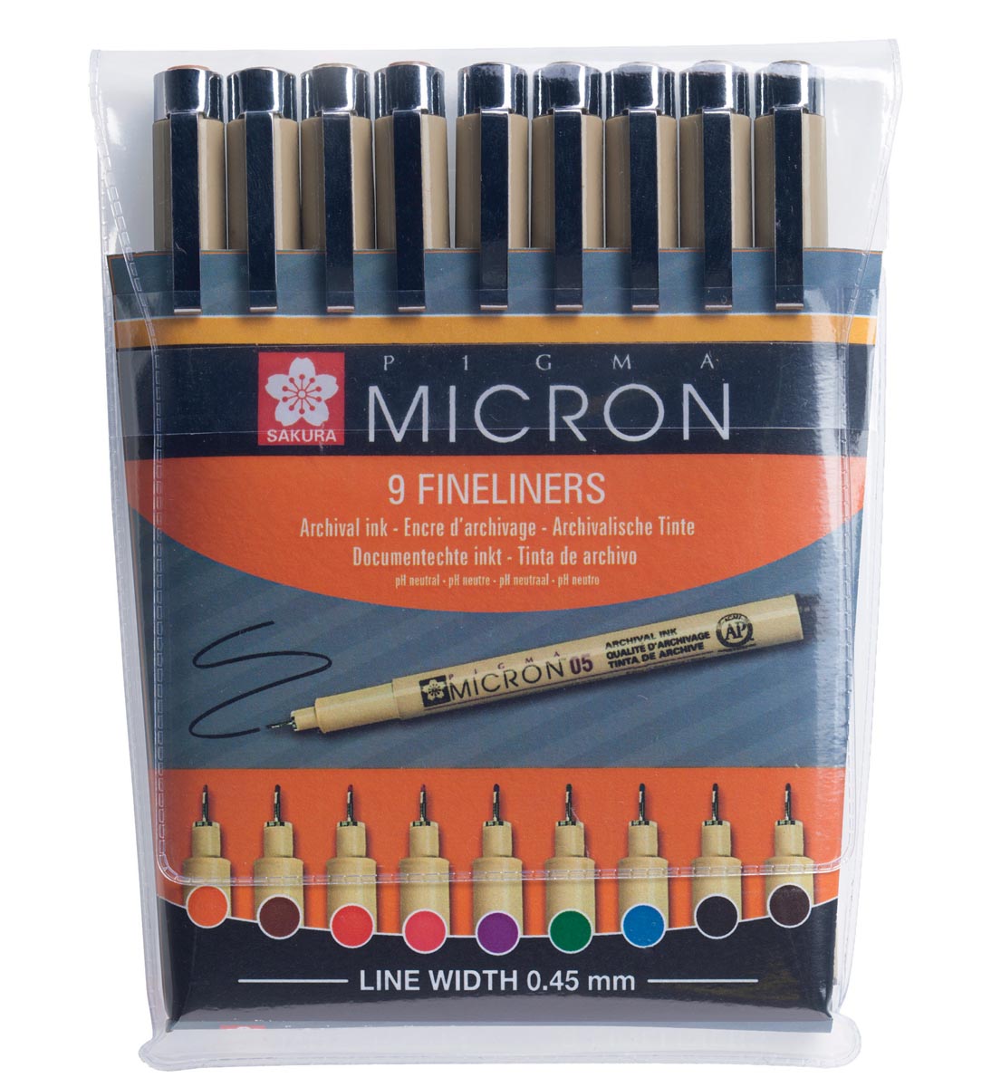 Sakura tekenstift Pigma Micron 05, etui van 9 stuks in geassorteerde kleuren