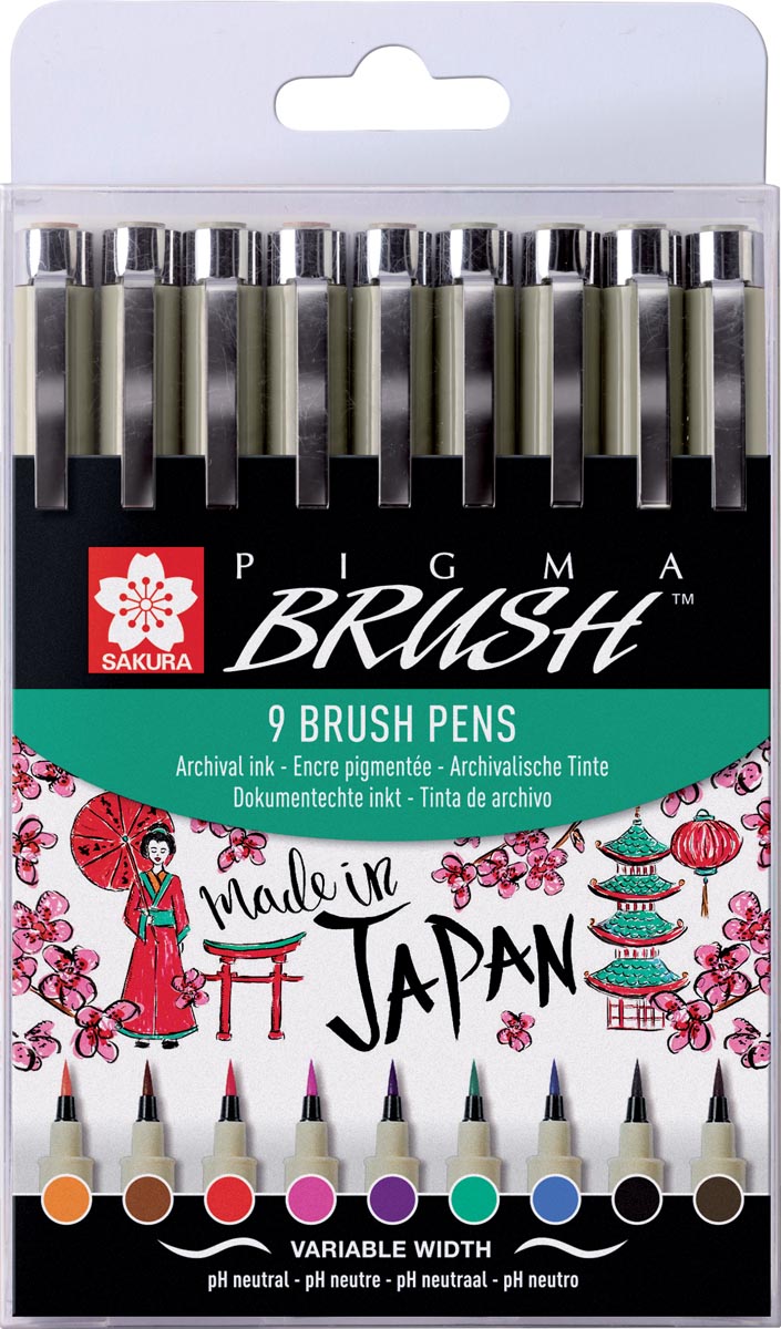 Sakura brushpen Pigma Brush, etui van 9 stuks, in geassorteerde kleuren Sakura brushpen Pigma Brush, etui van 9 stuks, in geassorteerde kleuren