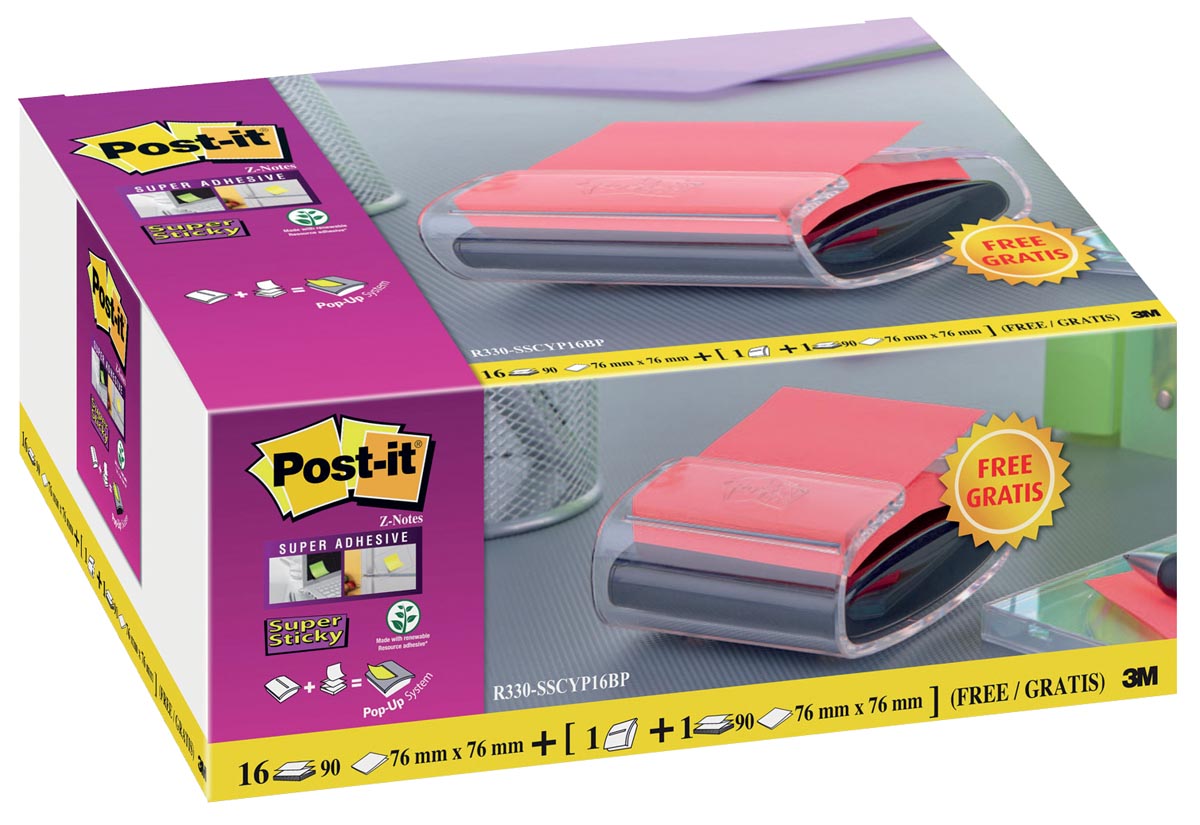 Post-it Super Sticky z-notes, ft 76 x 76 mm, pak van 16 blokken geel, GRATIS dispenser en 1 blokje roze