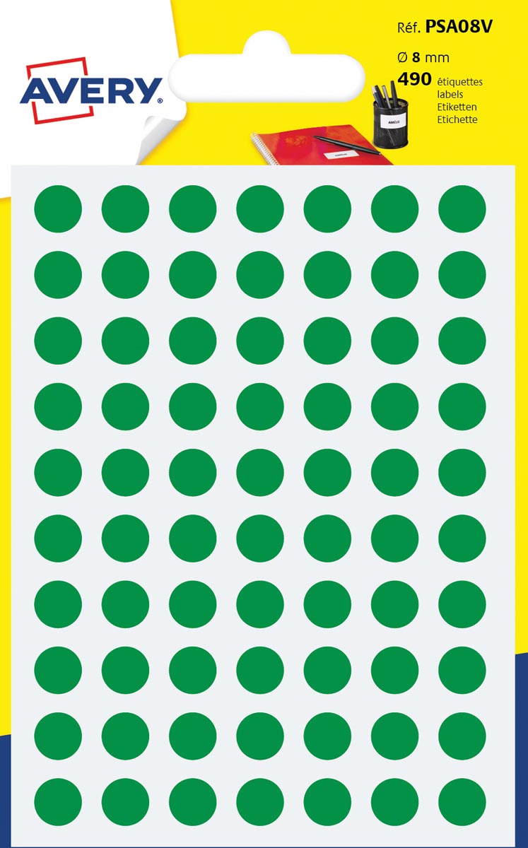 Avery PSA08V ronde markeringsetiketten, diameter 8 mm, blister van 490 stuks, groen afbeelding