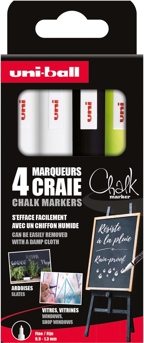 Uni-ball krijtmarker ronde punt van 0 9-1 3 mm etui van 4 stuks assorti