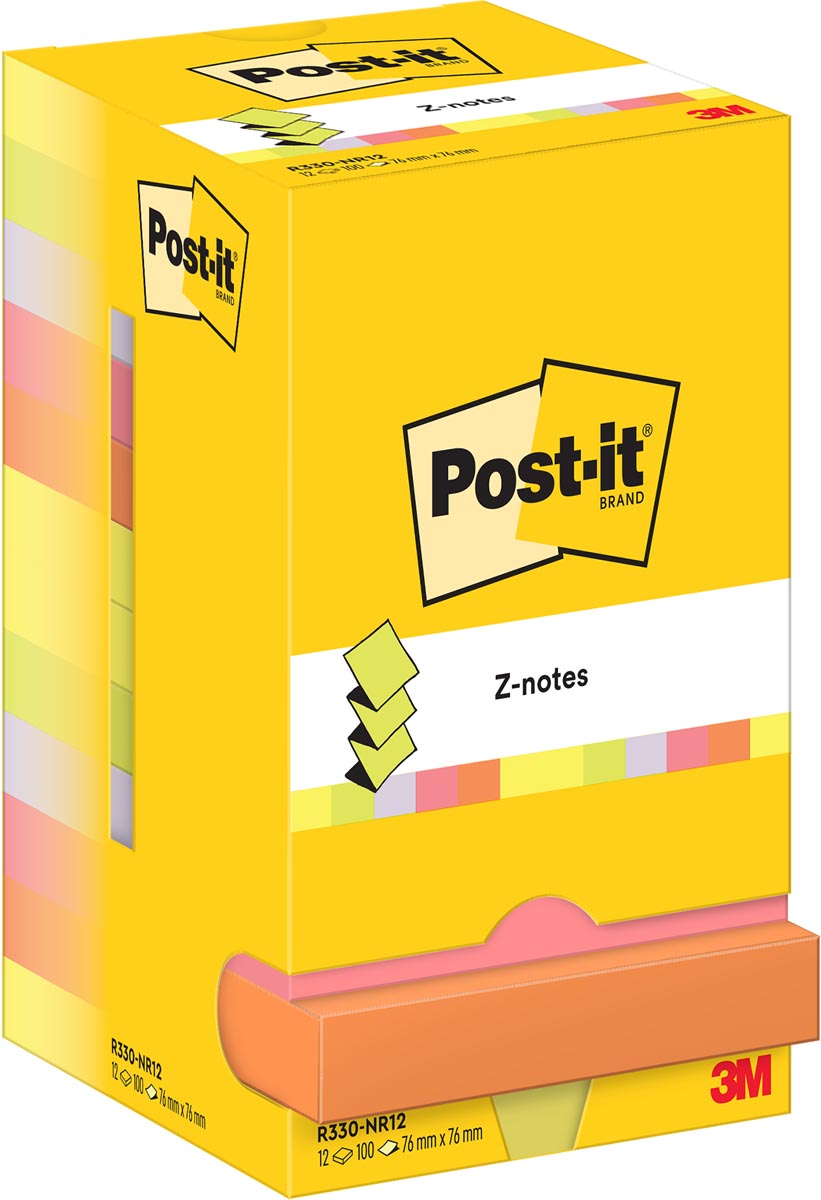 Post-it Z-notes, 100 vel, ft 76 x 76 mm, pak van 12 blokken, assorti neonkleuren afbeelding