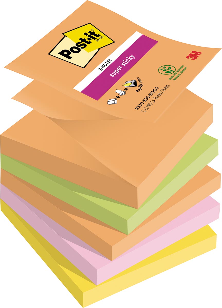 Post-it Super Sticky Z-notes Boost, 90 vel, ft 76 x 76 mm, geassorteerde kleuren, pak van 5 blokken afbeelding