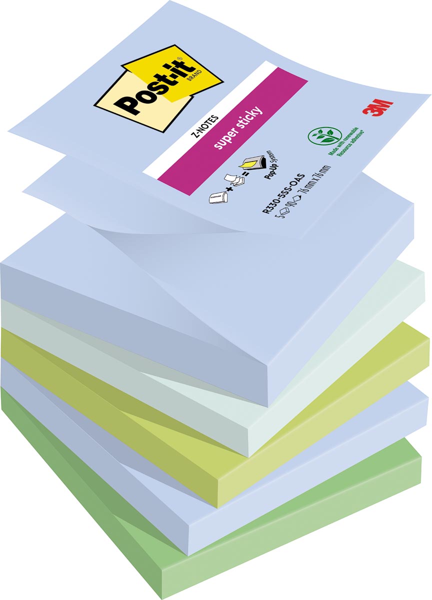 Post-it Super Sticky Z-notes Oasis, 90 vel, ft 76 x 76 mm, geassorteerde kleuren, pak van 5 blokken afbeelding