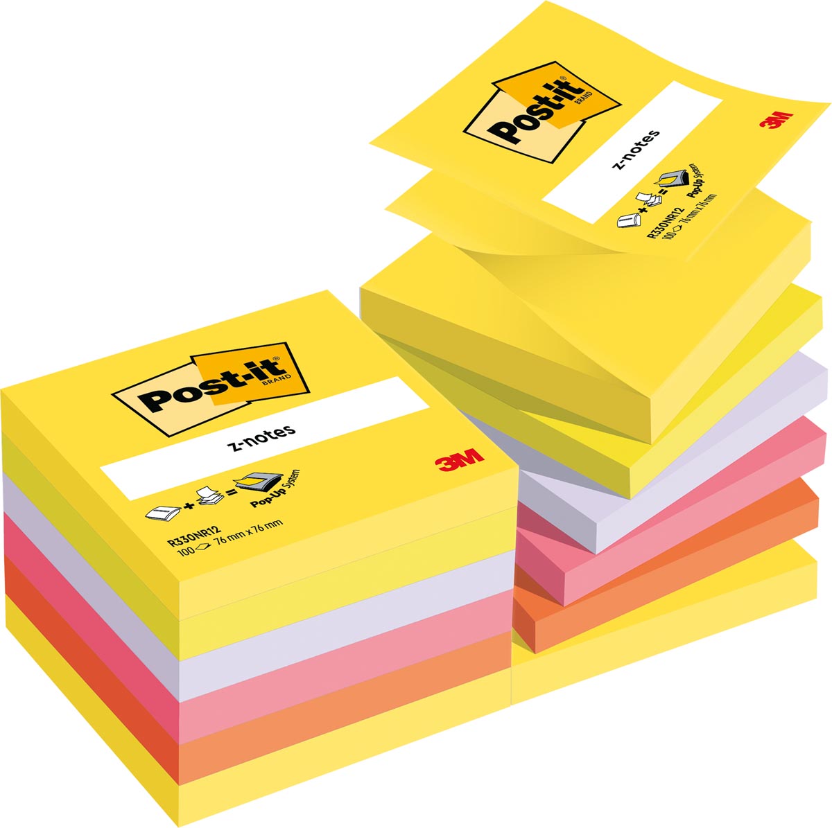 Post-it Z-notes, ft 76 x 76 mm, 100 vel, pak van 12 blokken in geassorteerde kleuren Post-it Z-notes, ft 76 x 76 mm, 100 vel, pak van 12 blokken in geassorteerde kleuren