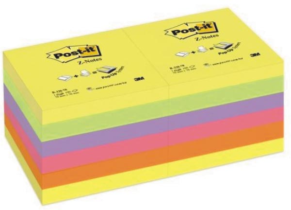 Post-it Z-notes, ft 76 x 76 mm, 100 vel, pak van 12 blokken in geassorteerde kleuren Post-it Z-notes, ft 76 x 76 mm, 100 vel, pak van 12 blokken in geassorteerde kleuren