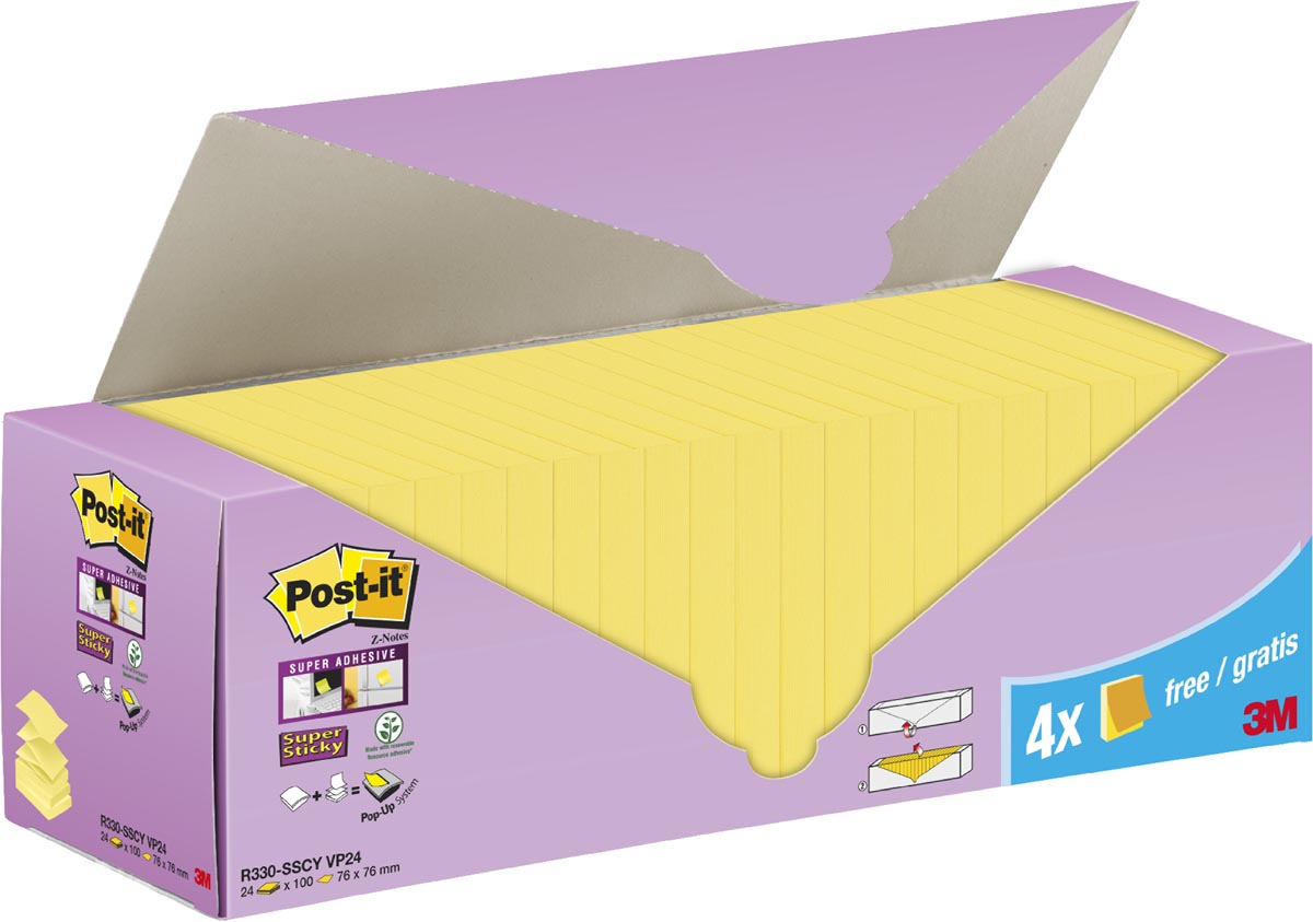 Post-it Super Sticky Z-notes, 90 vel, ft 76 x 76 mm, doos van 20 + 4 gratis, geel afbeelding