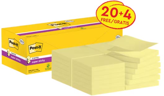Post-it Super Sticky Z-notes, 90 vel, ft 76 x 76 mm, doos van 20 + 4 gratis, geel