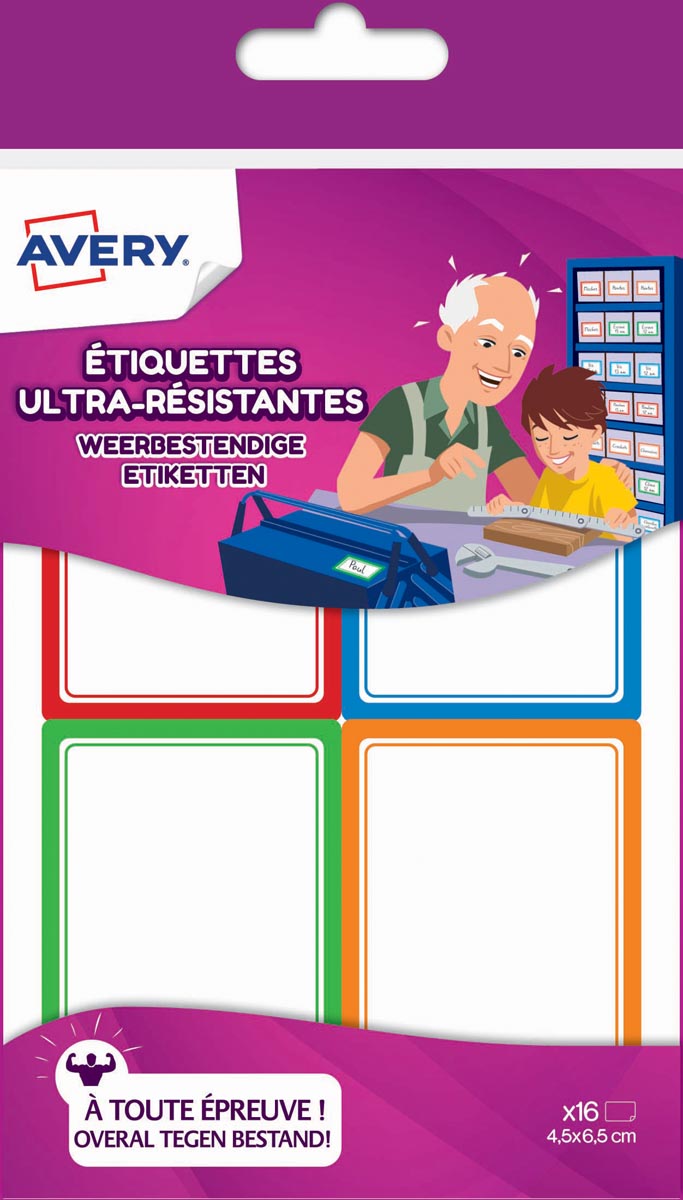 Avery Family weerbestendige etiketten, ft 4,5 x 6,5 cm, etui met 16 etiketten in geassorteerde kleuren afbeelding