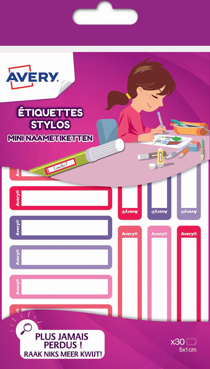 Avery Family mini naametiketten, ft 5 x 1 cm, roze/paars, ophangbare etui met 30 etiketten afbeelding