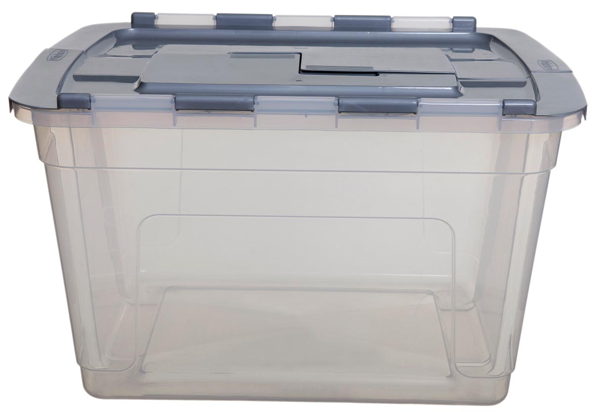 Whitefurze Tote opbergdoos 55 liter, transparant met grijze deksel