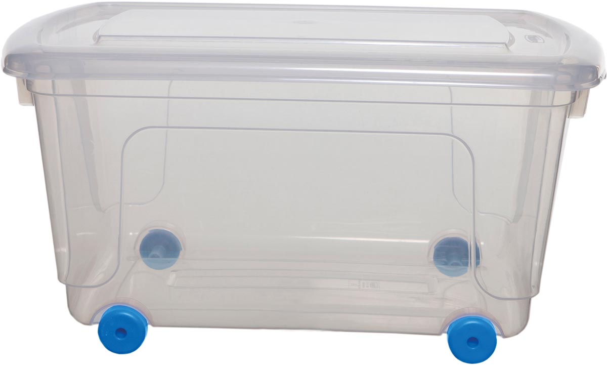 Whitefurze opbergdoos 45 liter, transparant met blauwe wieltjes