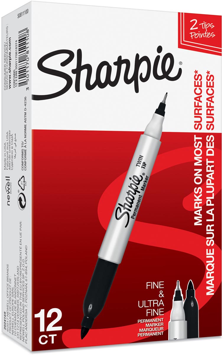 Sharpie permanente marker, twin tip, zwart afbeelding