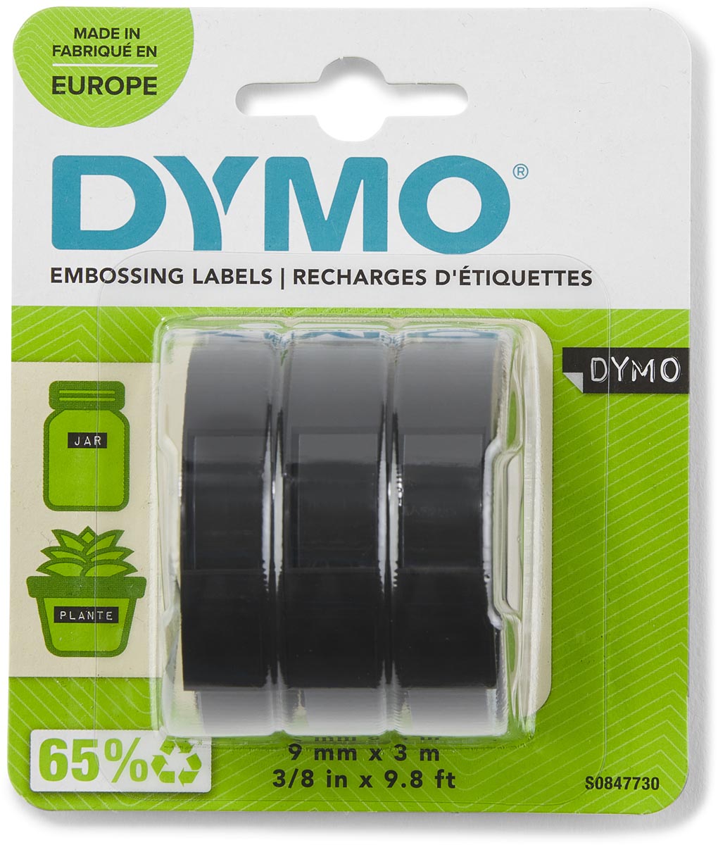 Dymo D3 tape 9 mm, wit op zwart, blister van 3 stuks afbeelding