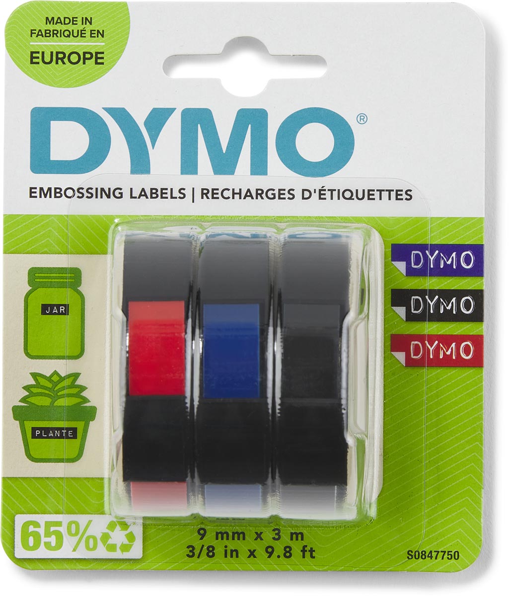 Dymo D3 tape 9 mm, geassorteerde kleuren, blister van 3 stuks afbeelding