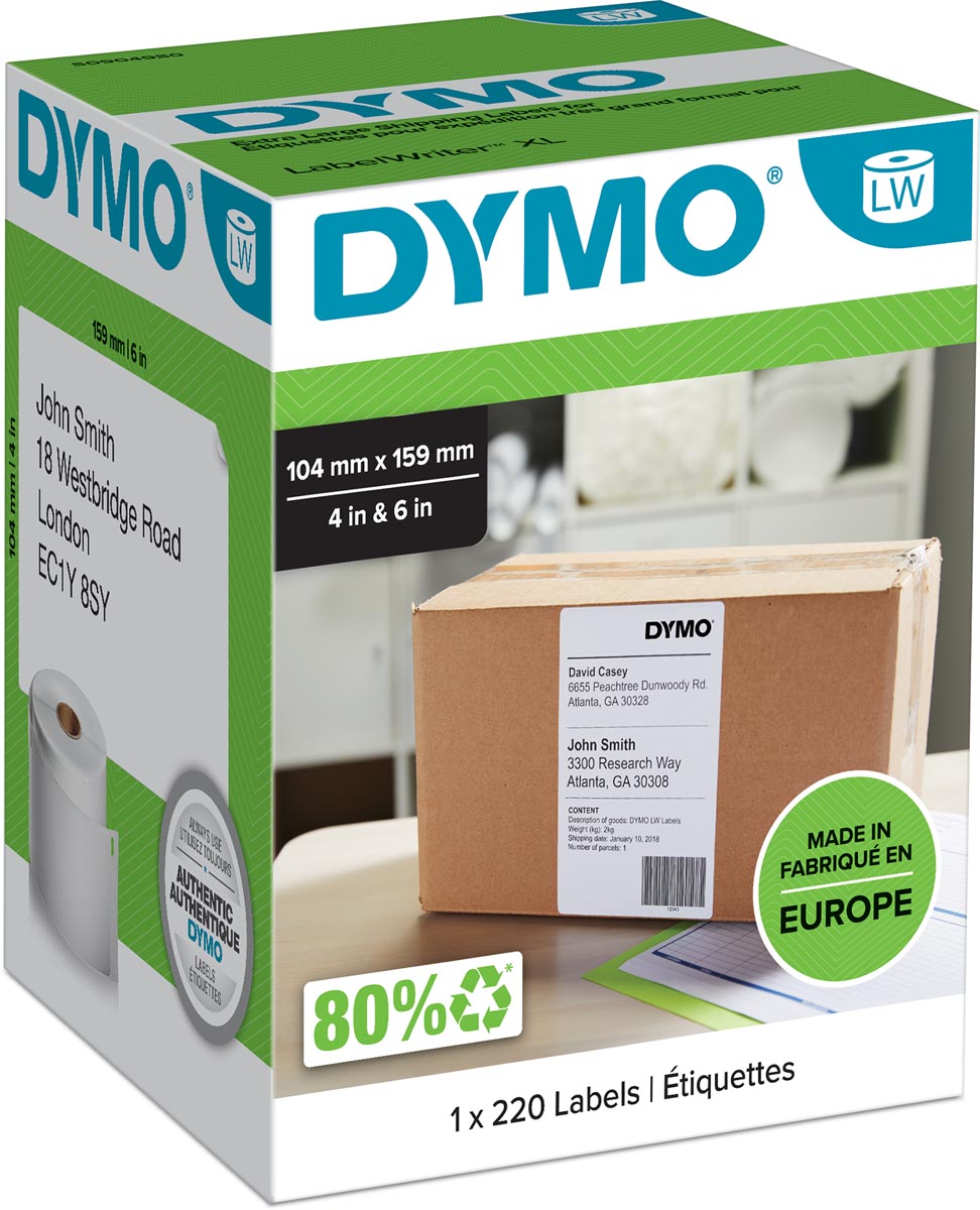 Dymo etiketten LabelWriter ft 104 x 159 mm, wit, 220 etiketten afbeelding