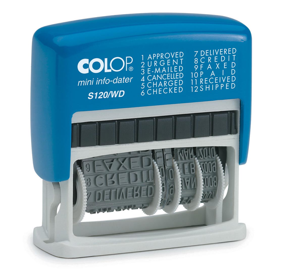 Colop tekststempel Mini-Info Dater S 120/WD, met datum en 12 verschillende woorden, nederlands
