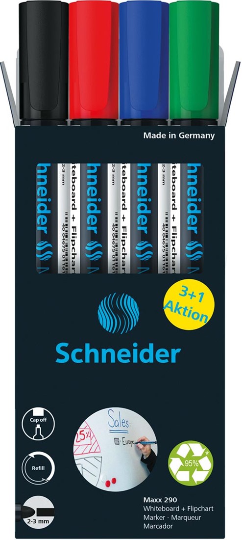 Schneider Maxx 290 marker (voor whiteboards en flipcharts, ronde punt 2-3 mm lijndikte, droog uitwisbaar, krachtig en kleurintensief) 1 blisterkaart, zwart