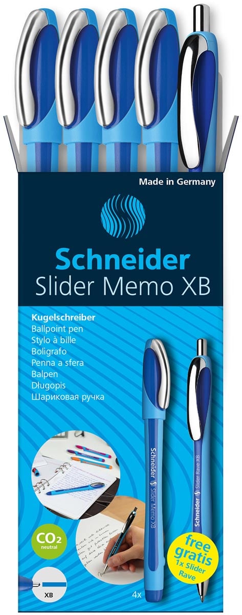 Schneider balpen Slider Memo XB blauw, 4 stuks + 1 Rave GRATIS Schneider balpen Slider Memo XB blauw, 4 stuks + 1 Rave GRATIS