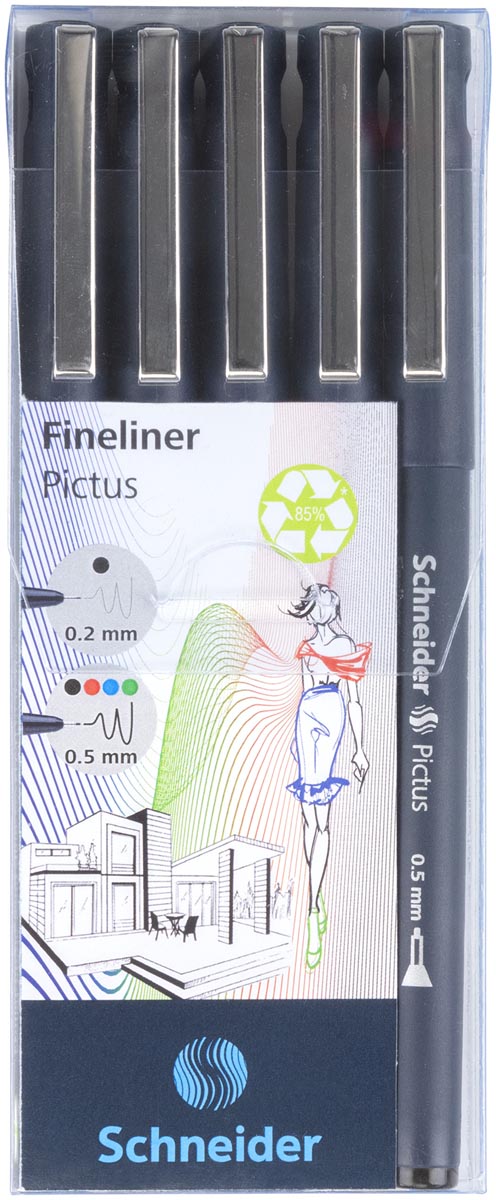 Schneider fineliner Pictus, etui van 5 stuks, assorti Schneider fineliner Pictus, etui van 5 stuks, assorti