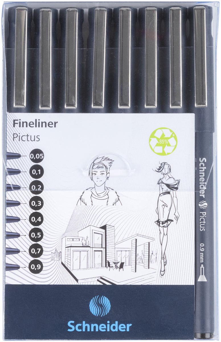Schneider fineliner Pictus, etui van 8 stuks, zwart Schneider fineliner Pictus, etui van 8 stuks, zwart