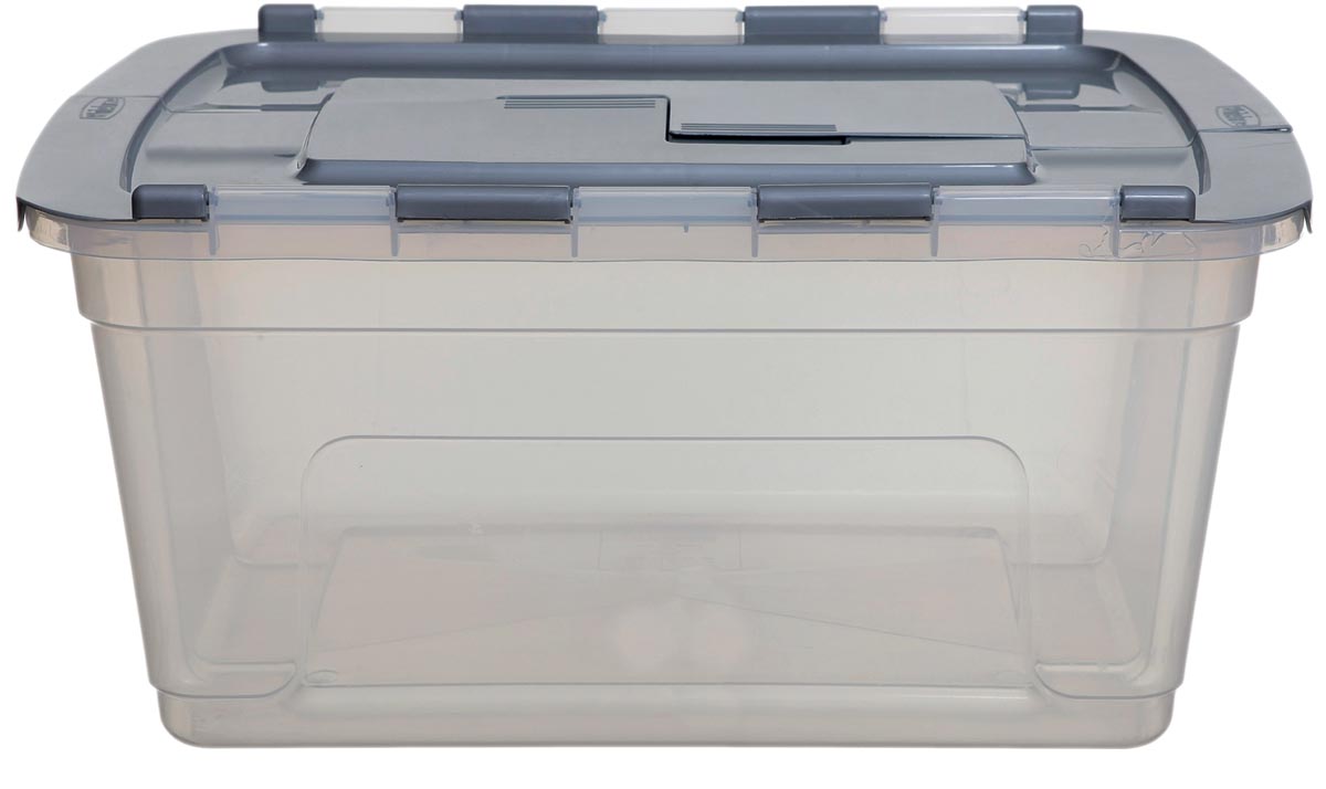 Whitefurze Tote opbergdoos 45 liter, transparant met grijze deksel