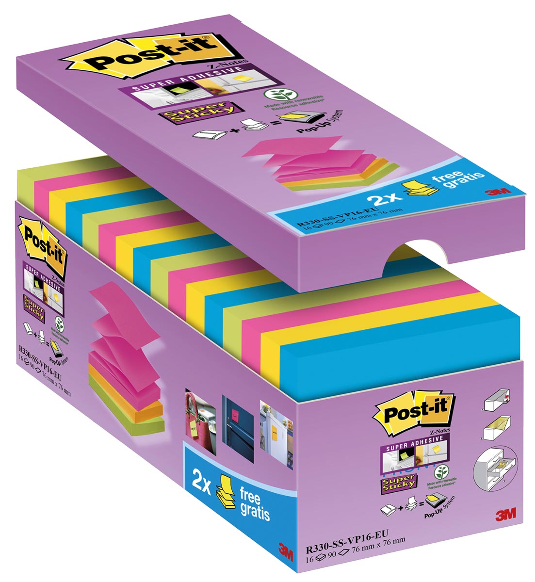 Post-it Super Sticky Z-notes, 90 vel, ft 76 x 76 mm, doos van 14 + 2 gratis, geassorteerde kleuren afbeelding