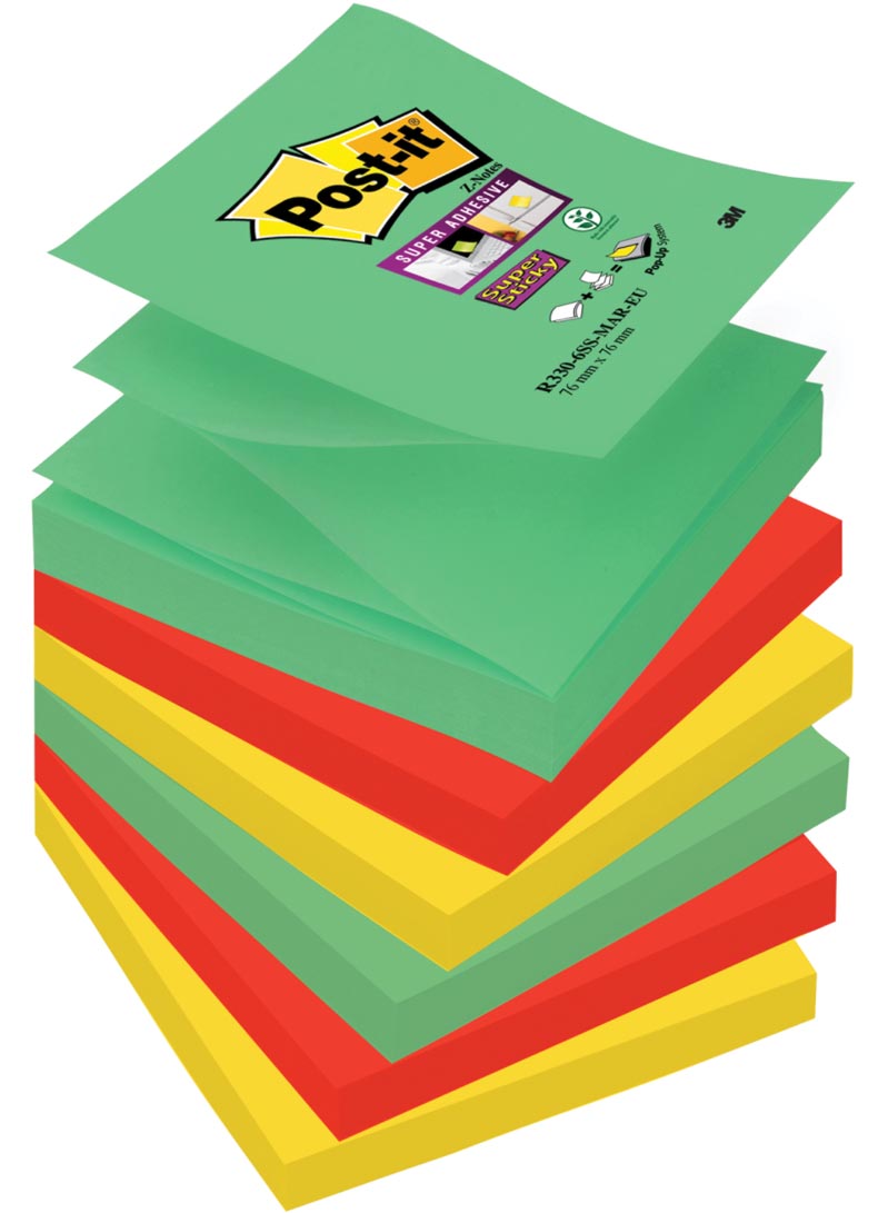 Post-it Super Sticky Z-Notes Marrakesh, ft 76 x 76 mm, geassorteerde kleuren, 90 vel, pak van 6 blokken