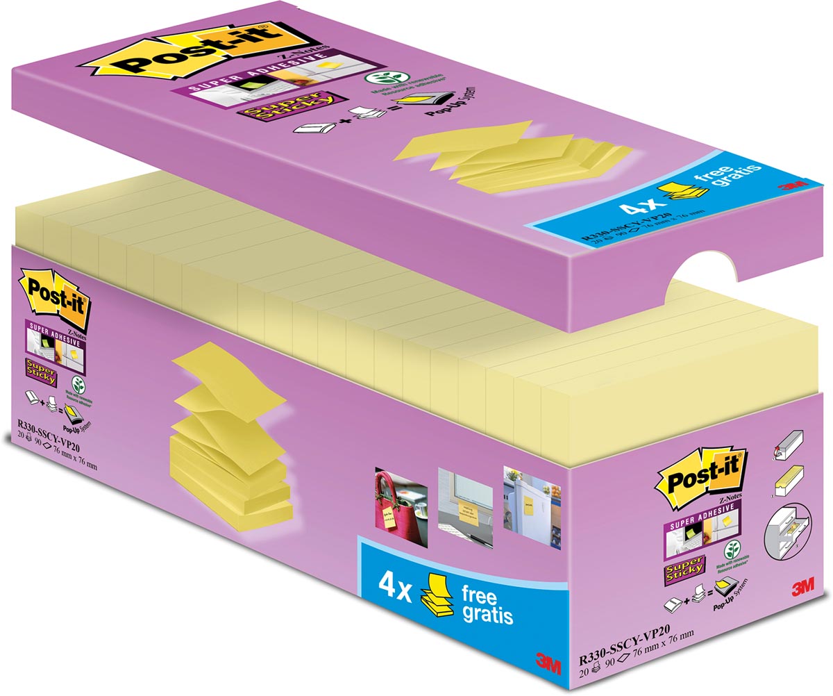 Post-it Super Sticky z-notes, 90 vel, ft 76 x 76 mm, doos van 16 + 4 gratis, geel