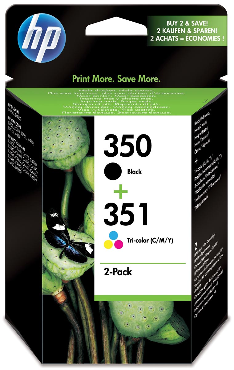 HP inktcartridge 350 en 351, 200 - 170 pagina's, OEM SD412EE 301, 1 x zwart en 1 x 3 kleuren, met beveili