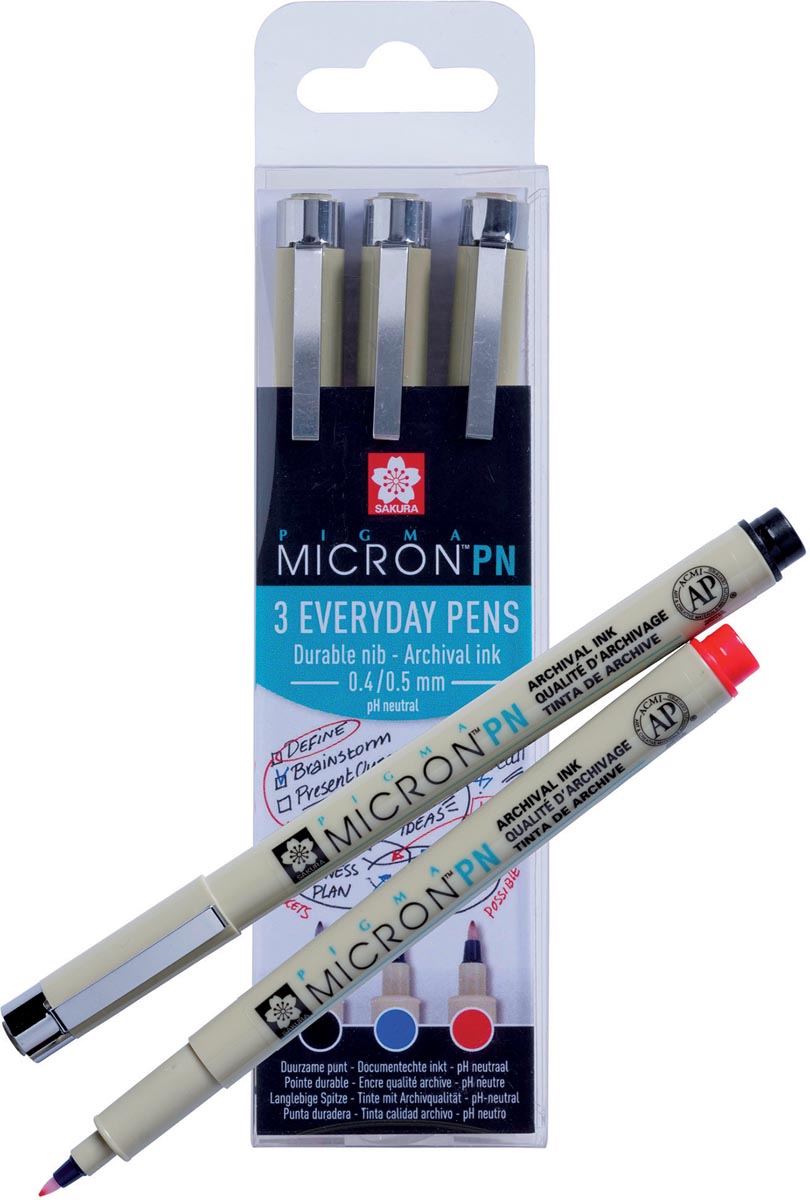 Sakura fineliner Pigma Micron PN, Office set van 3 stuks in geassorteerde kleuren
