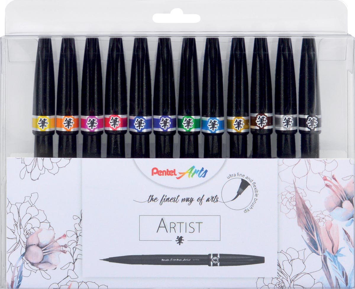Pentel brushpen Artist, kartonnen etui met 12 stuks in geassorteerde kleuren
