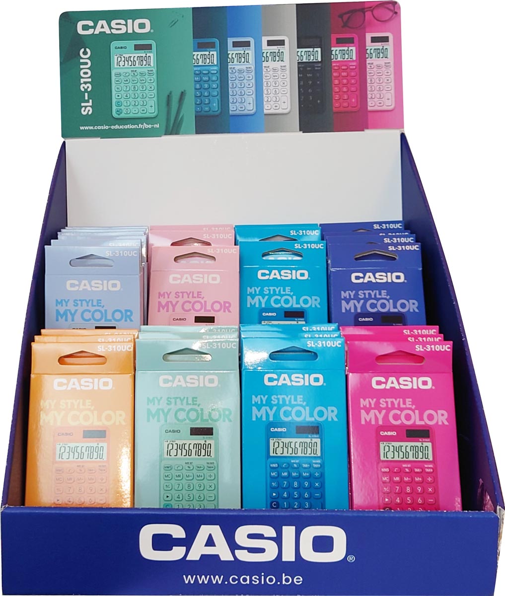 Casio zakrekenmachine SL-310UC, toonbankdisplay van 30 stuks in geassorteerde kleuren afbeelding