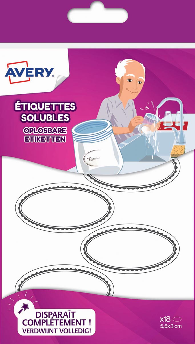 Avery Family ovale oplosbare etiketten, ft 5,5 x 3 cm, ophangbare etui met 18 etiketten afbeelding