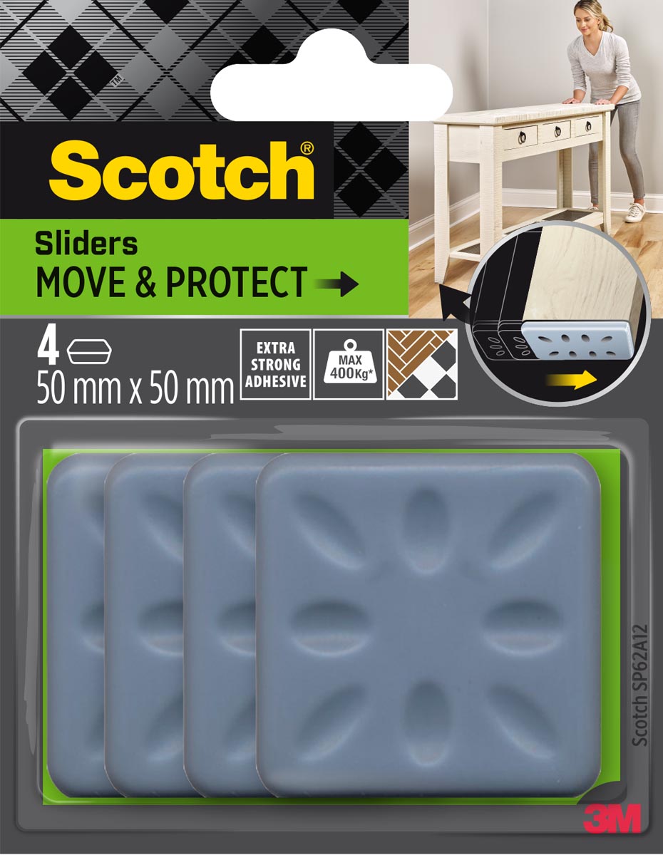 Scotch Move & Protect glijders, grijs, Ft. 50 mm x 50 mm, blister van 4 stuks afbeelding