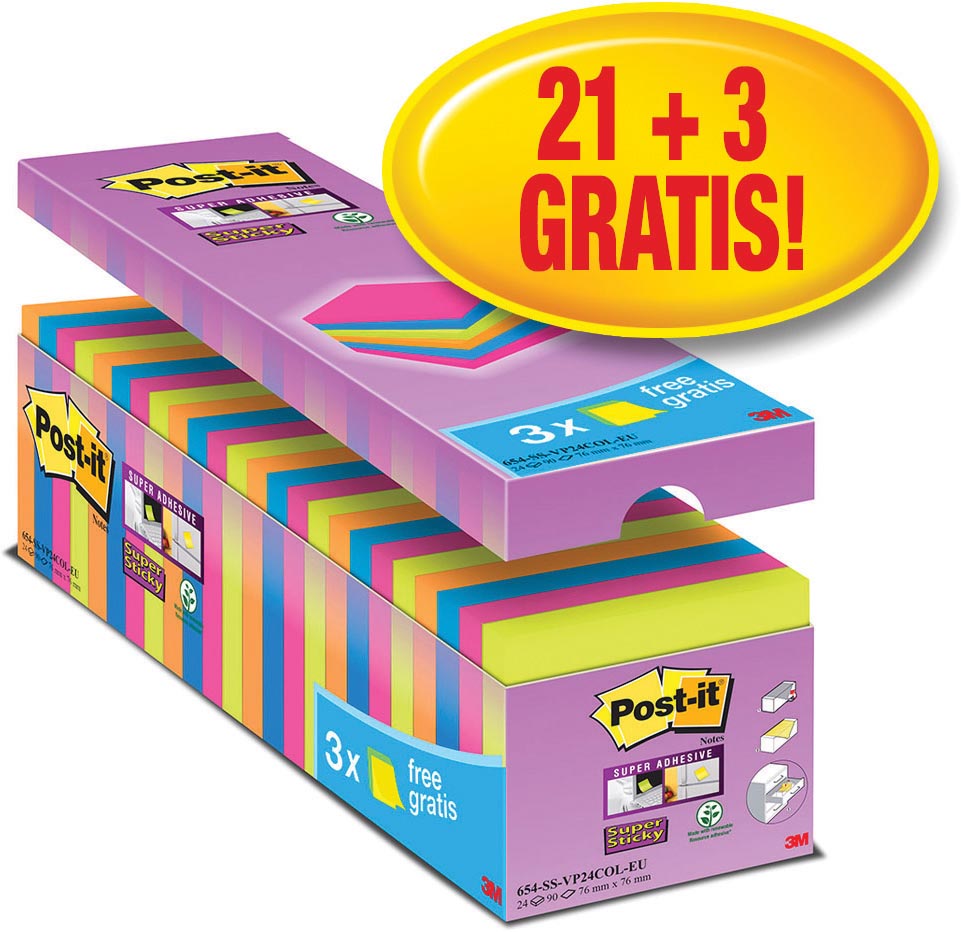 Post-it super Sticky notes, 90 vel, ft 76 x 76 mm, geassorteerde kleuren, pak van 21 blokken + 3 gratis afbeelding