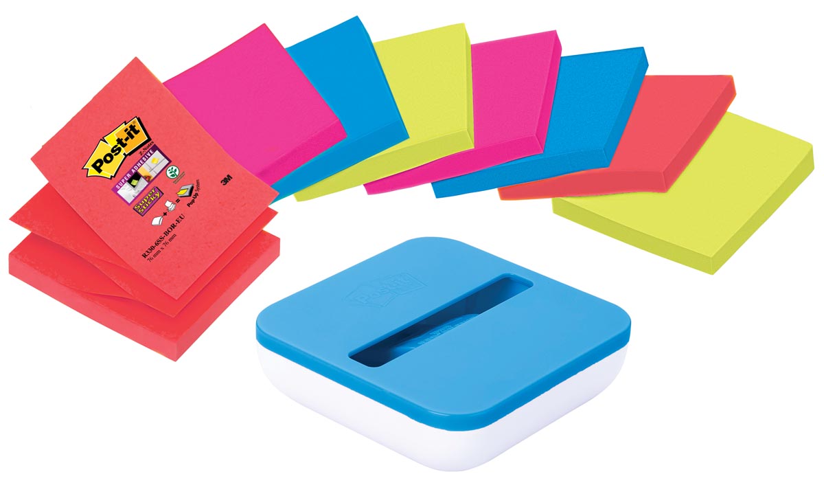 Post-it Super Sticky z-notes dispenser met 8 blokken 76 x 76 mm geassorteerde kleuren