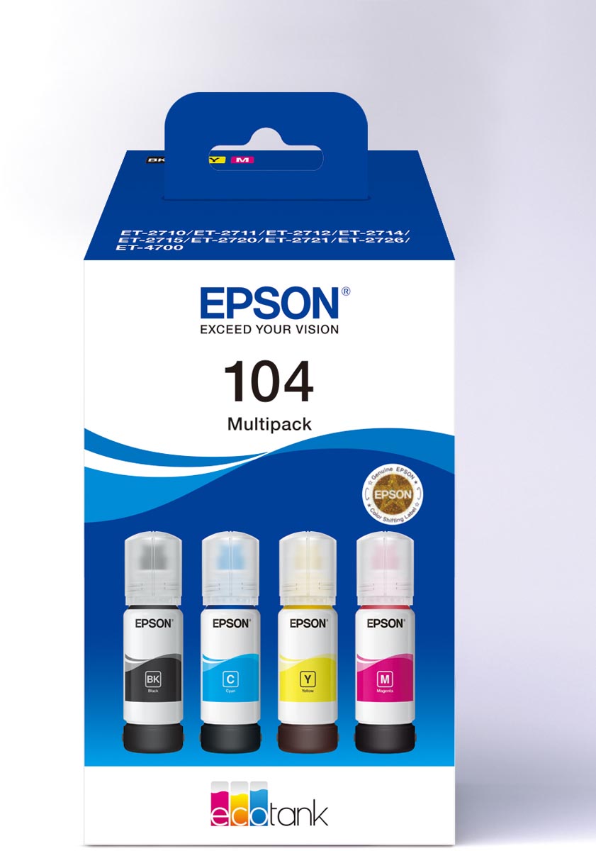 Epson inktfles 104, 4.500 - 7.500 pagina&apos;s, OEM C13T00P640, 4 kleuren